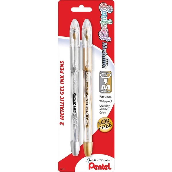 Pentel Gel Ink Pen, Roller Ball, Med Point, 2/PK, Gold/Silver PK PENK908MBP2XZ
